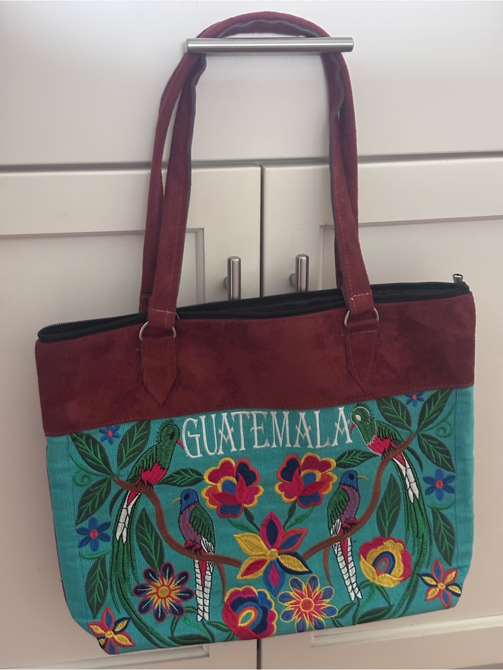 Guatemala Embroidered Tote Bag Birds Floral Design Turquoise Brown Zip Top NWOT